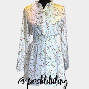 J for Justify Cream A-Line Dress with Bishop Sleeves and Mandarin Collar sz S